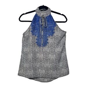 THML Blue Embroidered Gray Halter Blouse